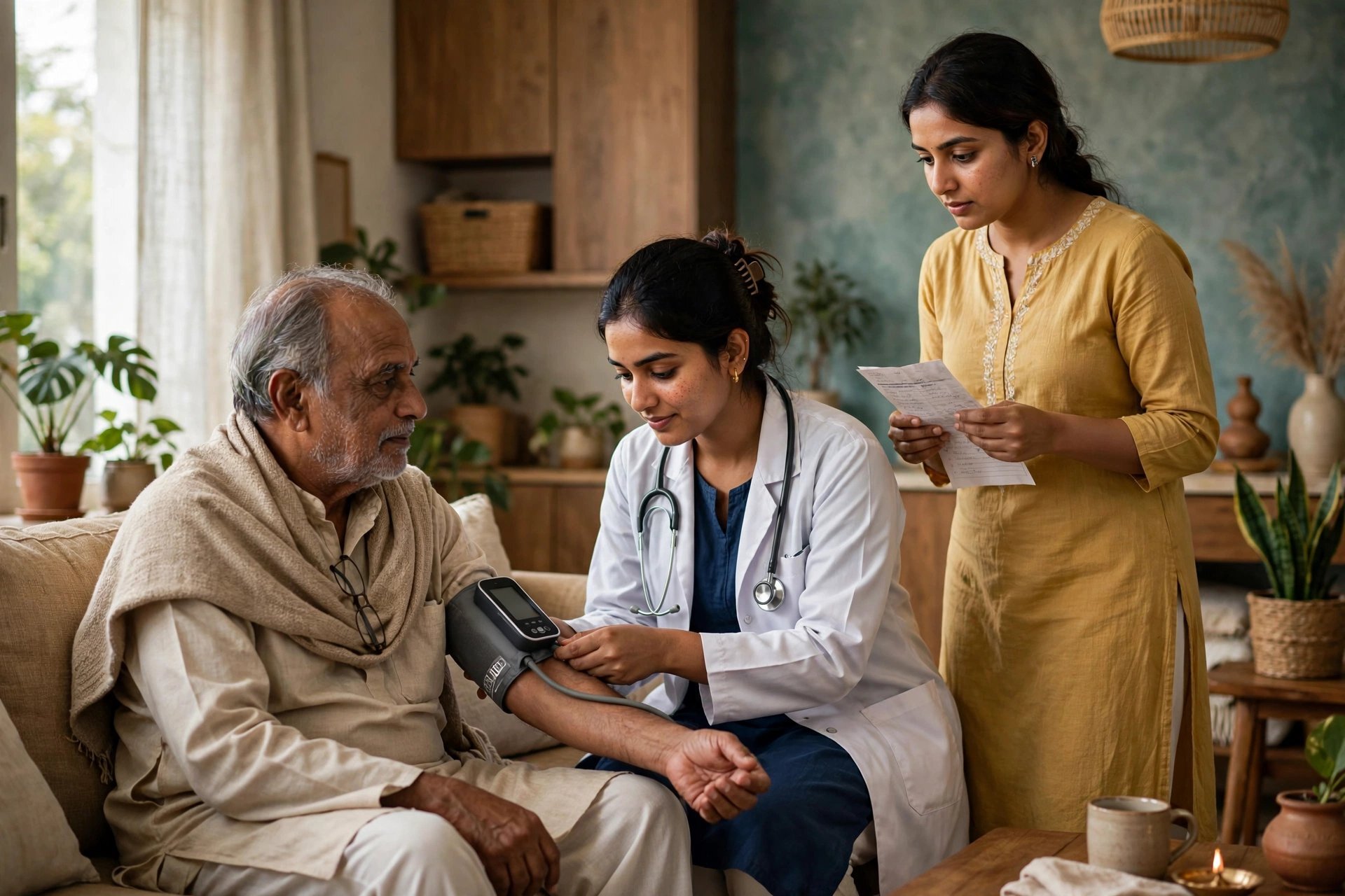 An Indian woman doctor checking an elderly patient's blood pressure on a home sofa while his daughter stands beside them