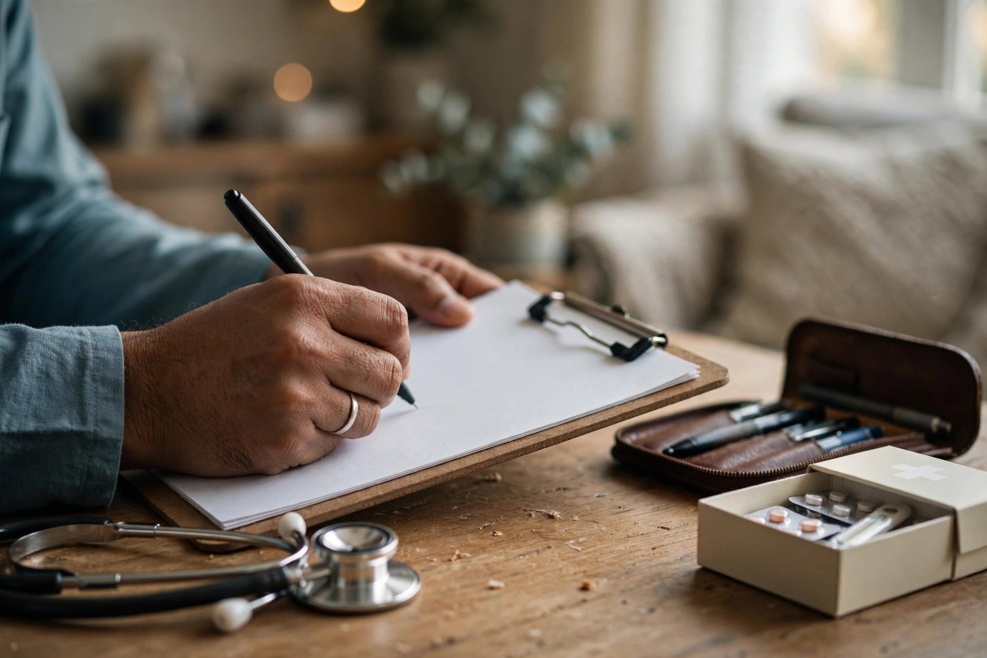 An Indian doctor writing a prescription on a clipboard at a small table in a patient's home